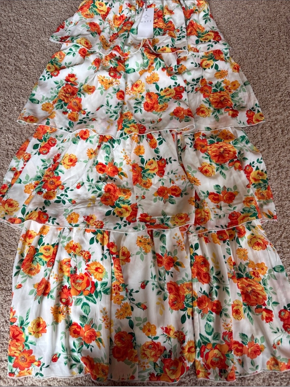 Wayf White Tiered Floral Maxi Skirt with Orange & Yellow Roses
